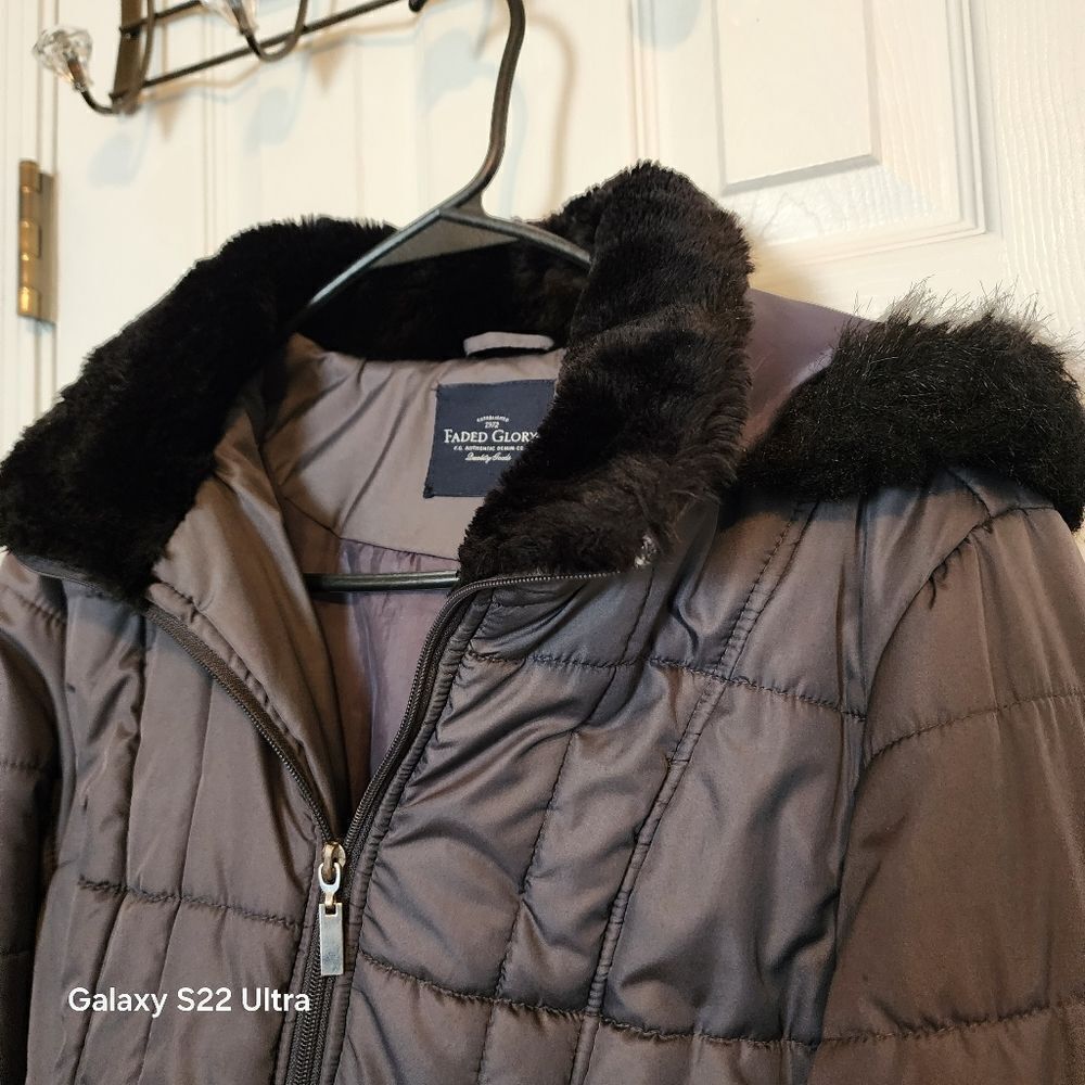 🏖 Warm Puffy Faded Glory Gray Grey Zip Up Winter Coat Removable Hood - Picture 2 of 7